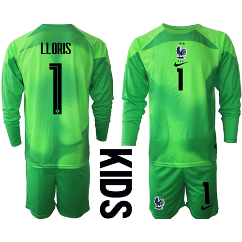 Dječji Nogometni Dres Francuska Hugo Lloris #1 Golmanski Gostujuci SP 2022 Dugi Rukav (+ Kratke hlače)